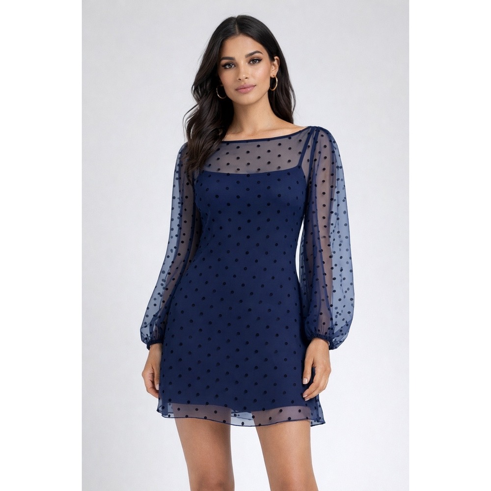 New!‎ Amanda Uprichard Navy Sheer Polka Dot Mini Dress Long Sleeve Sz Small